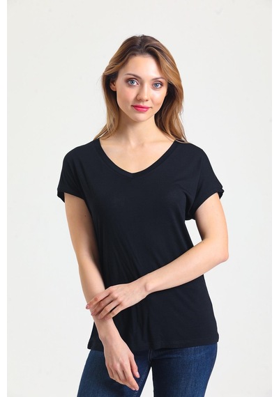 Kadın Bambu Kumaş V Yaka T-shirt Siyah