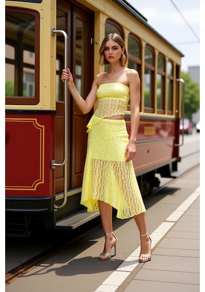 Benerly Kadın Alt Üst Straplez Dantel Örme Crop Bluz Asimetrik Kesim Midi Açık Sarı