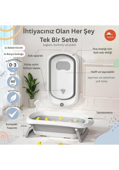 Thermae Katlanabilir Bebek Küveti, Kaymaz Banyo Koltuğu - Termometreli Yenidoğan Küveti