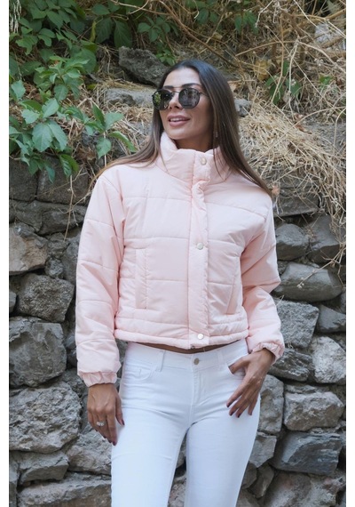 Keyifli Moda Kadın Pudra Dik Yaka Çıtçıtlı Fermuarlı Kısa Şişme Mont - 40 Pudra