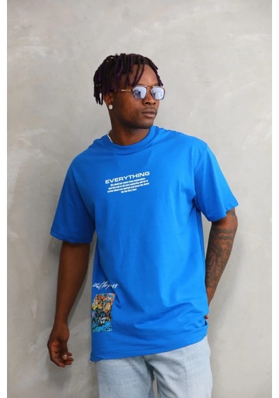 Erkek Bisiklet Yaka Baskılı Oversize T-shirt - Mavi Mavi