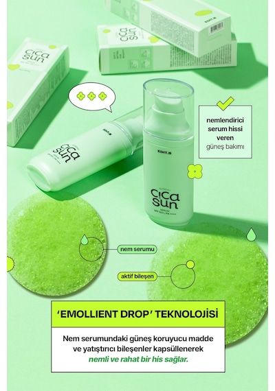 Edıtb Cica ve Hyalüronik Asit İçeren Nemlendirici SPF50+ Güneş Korumalı Yatıştırıcı EDIT.B Sun Serum 55 ML