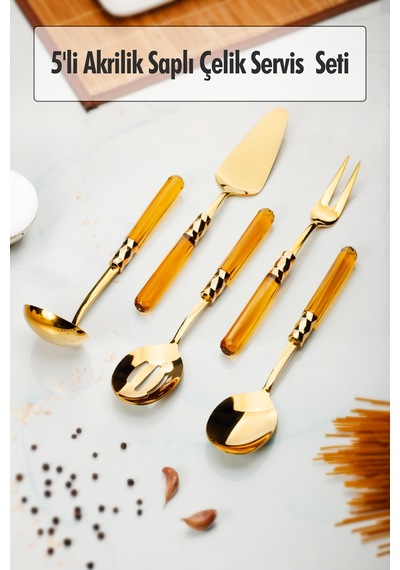 5 Parça Gold Servis Seti & Servis Sunum Seti Amber Kepçe / Kevgir / Sıpatula / Çatal / Kaşık Sarı