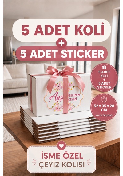 Kişiye Özel Çeyiz Kolisi Seti 52x35x28 Cm 5 Adet Beyaz Bc Dalga Koli + 5 Adet İsimli Çeyiz Stickerı Dayanıklı Taşıma Kolisi Diğer
