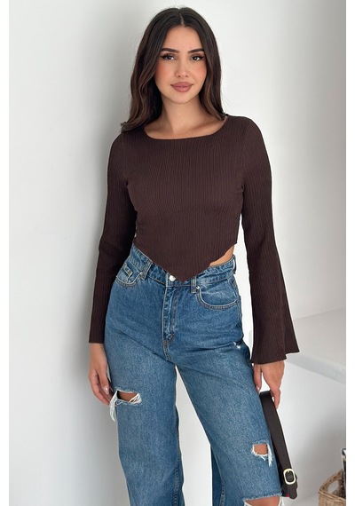 Noa & Noa İspanyol Kol Ribanalı Sivri Etek Uçlu Crop Bluz Modern & Vücuda Oturan Stil Kahverengi Noa & Noa İspanyol Kol Ribanalı Sivri Etek Uçlu Crop Bluz Modern & Vücuda Oturan Stil Kahverengi
