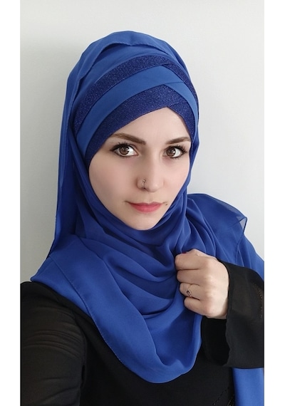 Kadın Tesettür Simli Üç Bantlı Hazır Şal Saks Mavisi Saks