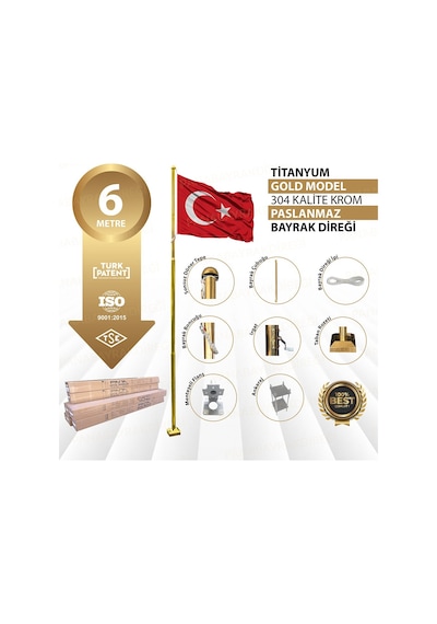 6 Metre İnox 304 Kalite Paslanmaz Krom Çelik Titanyum Gold Bayrak Direği Standart