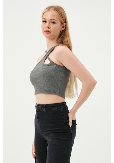 Quhox Kadın Askılı Crop Kaşkorse Gri