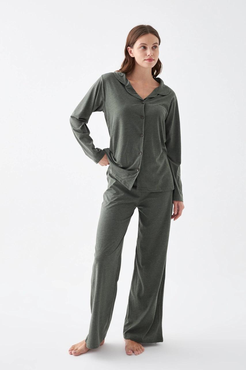 Akbeniz Kadın Haki Düğmeli Pamuklu Pijama Takımı Haki