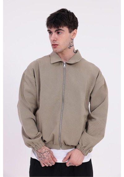 Erkek Gabardin Kumaş Fermuarlı Oversize Beli Lastikli Mevsimlik Ceket-265 Haki