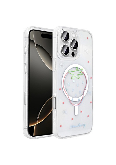 Apple Uyumlu iPad iPhone 16 Pro Max Kılıf M-safe Şarj Özellikli Şeffaf Zore Folk Sert Kapak Çilek