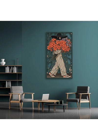 Çiçek Kucaklayan Şapkalı Kadın - Metal Tablo - Dec0388 71 X 125 Cm Çok Renkli