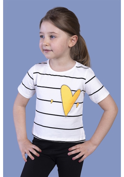 Toontoy Kids Toontoy Kız Çocuk Çizgli Kalp Baskılı Taş İşlemeli Tişört Ekru