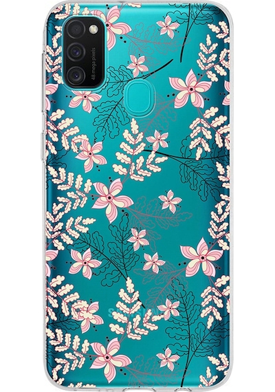 Samsung Galaxy Uyumlu M21 Kapak Floral Kırmızı Tasarımlı Şeffaf Silikon Kılıf