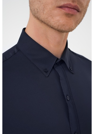 Efor Slim Fit Düğmeli Yaka Esnek Pamuk Klasik Lacivert Gömlek Gk 727 Lacivert