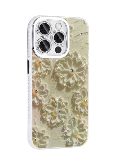 Ardemix Apple iPhone Uyumlu 15 Pro Max Kılıf Çiçek Desenli Parlak Taşlı Sert Silikon Garden Kapak Pembe Açık