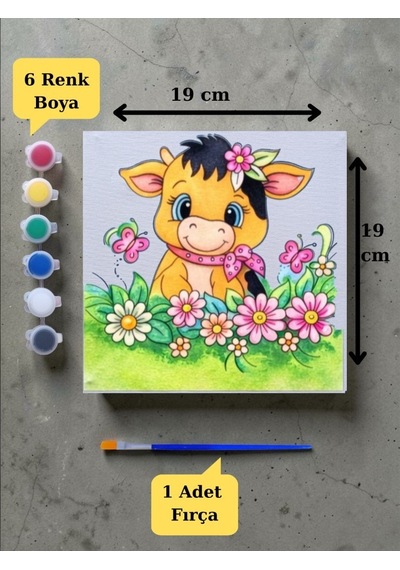 Tuval Boyama Sevimli İnek Baskılı Çocuklara Özel Aktivite Seti 19x19 Cm Tuval, Fırça Ve 6 Renk Akrilik Boya Seti
