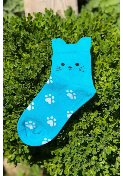 Lousocks Unisex Sevimli Kedi Kulaklı Pati Desenli Soket Çorap Turkuaz