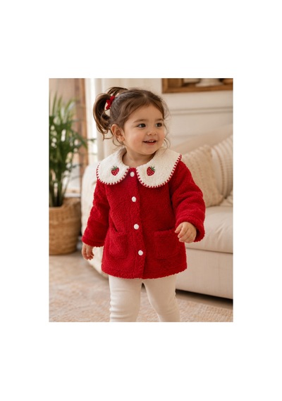 Omeca Concept Çilek Nakışlı Bebe Yaka Kırmızı Peluş Kız Çocuk Mont