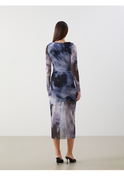 Lcw Vision Lacivert Bisiklet Yaka Batik Desenli Kadın Bodycon Elbise