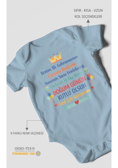 Morivokids Canım Babam Doğum Günün Kutlu Olsun Kısa Kollu Bebek Body %100 Pamuk Bebe Mavisi