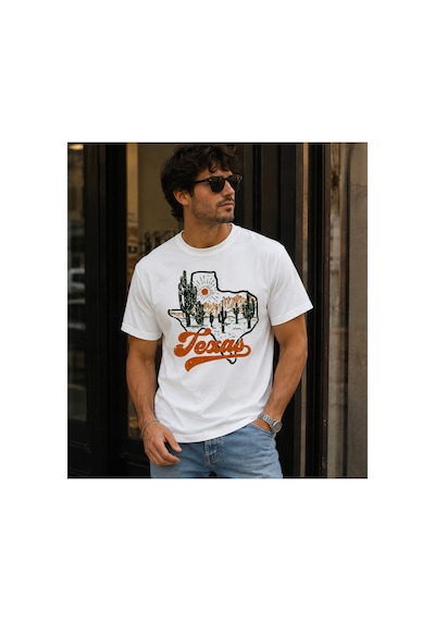 Qmen Style Unisex Basic Baskılı T-shirt Texsas %100 Pamuk Beyaz