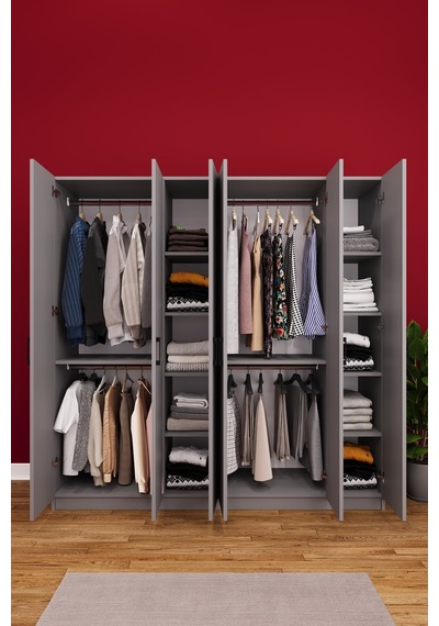 Asra Trend 6 Kapaklı Gardırop G-06 %100 MDF Çift Katlı Askılı Elbise Dolabı Kül Gri