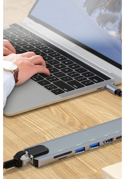 8'i 1 Arada Hub Dizüstü Bilgisayar Çok Işlevli Çoklayıcı Type C Rj-45 Usb Vb Sw-81