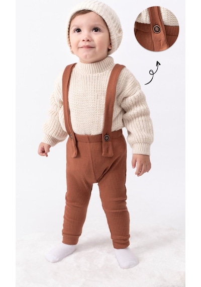 Bebicix Triko Kazak Oversize Esnek Salopet Bereli Unisex Bebek Takım Kahverengi