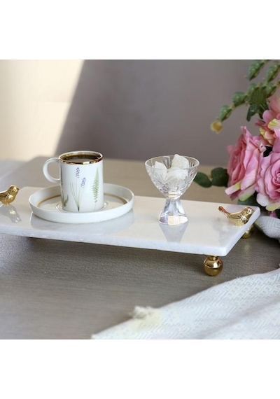 Akayev Mermer Beyaz 30X15 CM Altın Ayak Kuş Sunum Tabağı
