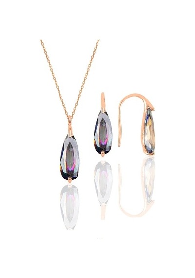 Gümüş Rose Mistik Taşlı Damla Kolye Ve Küpe Ikili Gümüş Set