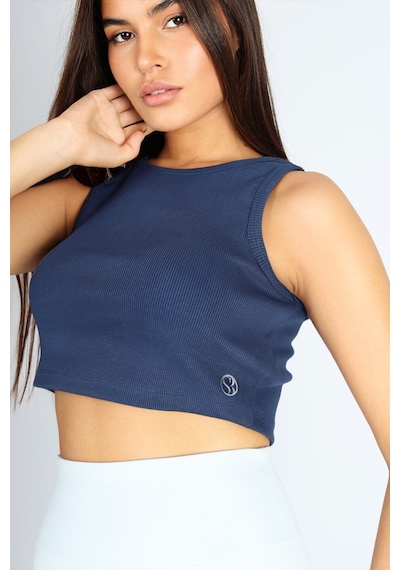 Soft&Basic Kadın İndigo Basic Halter Yaka Esnek Biyeli Kaşkorse Kumaş Crop Top Body Atlet İndigo