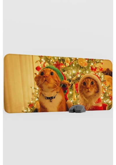 Yeni Yıl Kediler- Kedi- Yılbaşı V1 90x40 Xxl Gaming Kauçuk Kaymaz Taban Mouse Pad Fare Altlığı