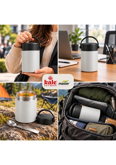 Kale Master 550 Ml Çelik Yemek Termosu 304 Paslanmaz Çelik Termal Yemek Kabı, Katlanabilir Kaşıklı Ve Taşıma Kulplu-507 Gri