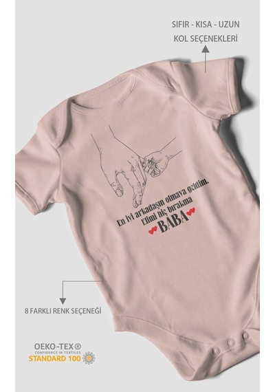 Babaya Özel Baskılı Bebek Zıbını Çıtçıtlı Body 8 Renk %100 Pamuk Kısa Kol Pastel Pembe