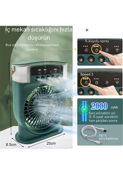 Vtn-86 Şarjlı 600 Ml Su Hazneli Taşınabilir Masaüstü Vanilatör 2000 Mah Pil,