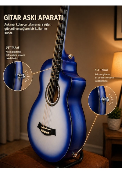 Valares 38c Kesik Kasa Sap Ayarlı Akustik Gitar 38 4/4 Full Aksesuar Hediyeli Mavi Sunburst Blue Sunburst