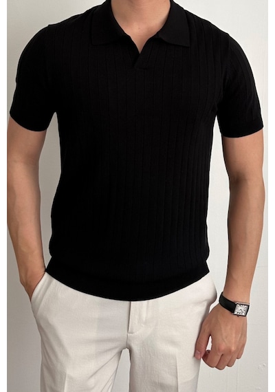 Cool Tarz Erkek Slim Fit Fitilli Polo Yaka Triko T-shirt Siyah Siyah
