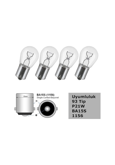 93 Tip P21w Tek Duy Düz Tırnak Siyal, Stop Halojen Ampul 12v 4 Adet