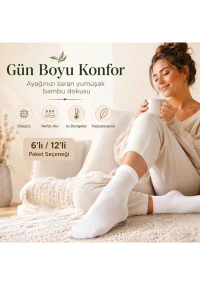 Genel Kadın Bambu Uzun Çorap 6 Lı Paket, Dikişsiz Burunlu Yumuşak Dokulu Siyah Beyaz Beyaz 6 Lı / 36-40