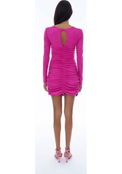 Quzu Cut Out Detaylı Parlak Mini Elbise Fuşya