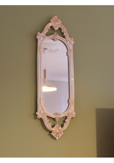 Kısa Oval Dekoratif Duvar Aynası Beyaz & Altın Yaldızlı 60x20 Cm Naturel