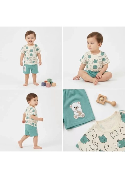 Pekminibebe 9/24 Ay Ayıcık Baskılı Şortlu Bebek Takımı Yeşil