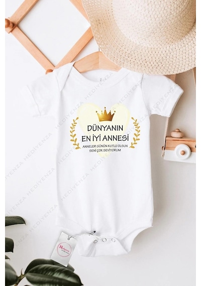 Hediyenza Dünyanın En İyi Annesi Anneler Günü Özel Tasarım Bebek Zıbın Pamuklu Çıtçıtlı Body Beyaz
