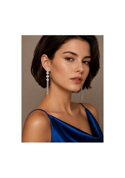 Uzun Sallantılı Taşlı Kadın Küpe -ışıltılı Püskül Model Zarif Abiye Küpe Gümüş - 895529601 Gümüş
