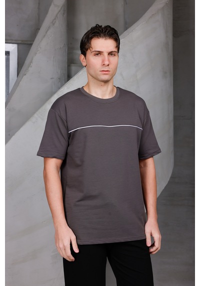 Erkek Garnili Şeritli Oversize Bisiklet Yaka 2 İki İplik Kompakt T-shirt Kahverengi