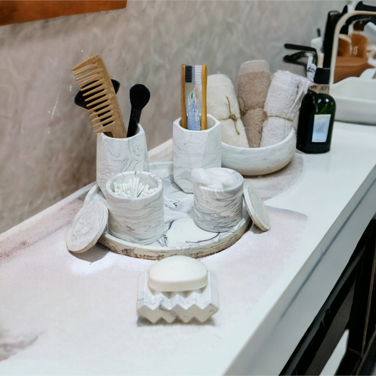 Marble Serisi Tepsili Beton Banyo Seti,pamukluk,havluluk Ve Sabunluk Seti,aksesuar,dekorasyon Gri