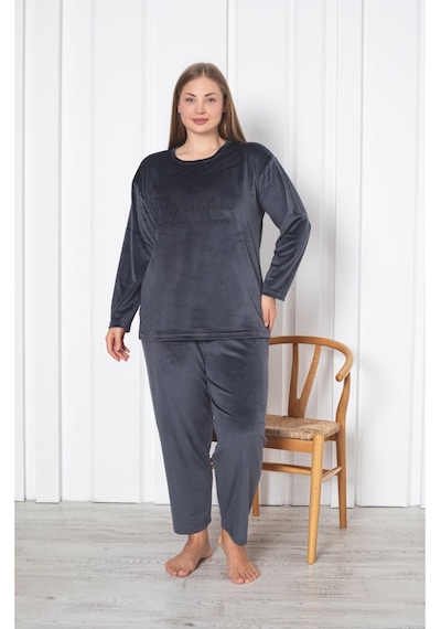 Büyük Beden Kırmızı Likralı Soft Kadife Pijama Takımı Gri