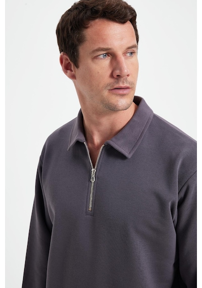 Tudors Erkek Relax Fit Rahat Kesim Pamuklu 3 İplik Fermuarlı Polo Yaka Koyu Gri Sweatshirt-41817 Koyu Gri