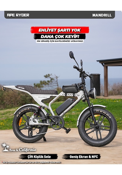 Ape Ryder Mandrıll Ultra 1000w Elektrikli Bisiklet Ayna Çanta Ve El Gazı Gri